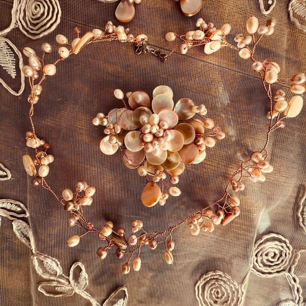 Pearl and copper iridescent, peach/pink necklace, pendant, and earrings set.